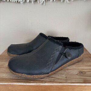 Earth Origins Janae Black Smooth 100% Leather Faux Fleece Lined Cork Clog Size 9